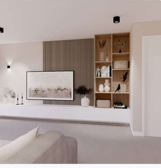 12. As tendências também podem ser associadas, como nesse caso onde vemos uma estante ligada ao painel ripado, juntando duas ideias que estão muito em alta.