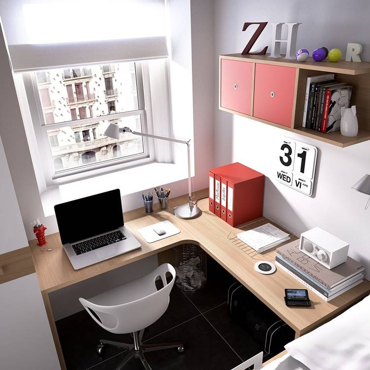 Mesa em L perfeita para quem estuda e trabalha em casa, aproveitando bem os cantos do ambiente.