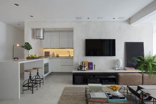 Inspiração de sala com divisória de gesso para cozinha.