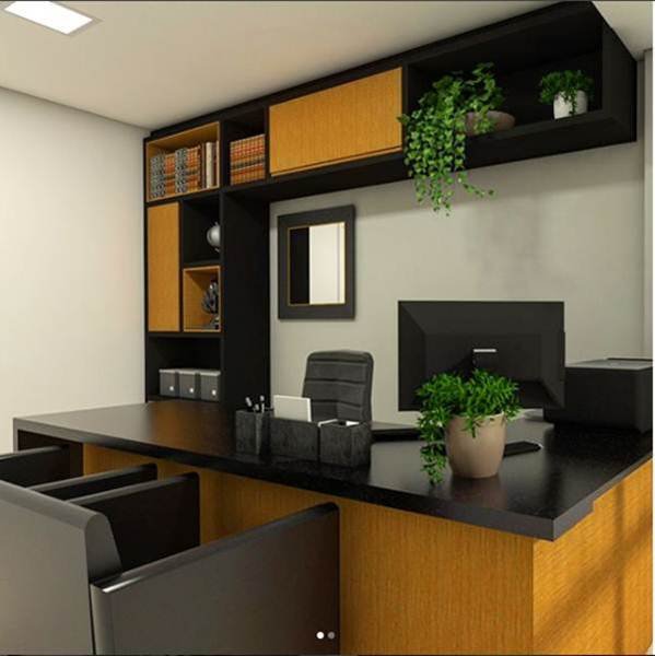 Projeto com combinação de preto e amarelo mostarda, com plantas que trazem leveza.