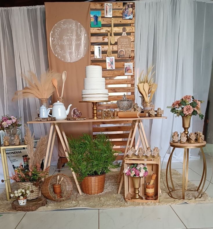 7 Ideias para um Chá de Panela Rústico com Estilo 3 Mesa decorada com itens de cozinha.