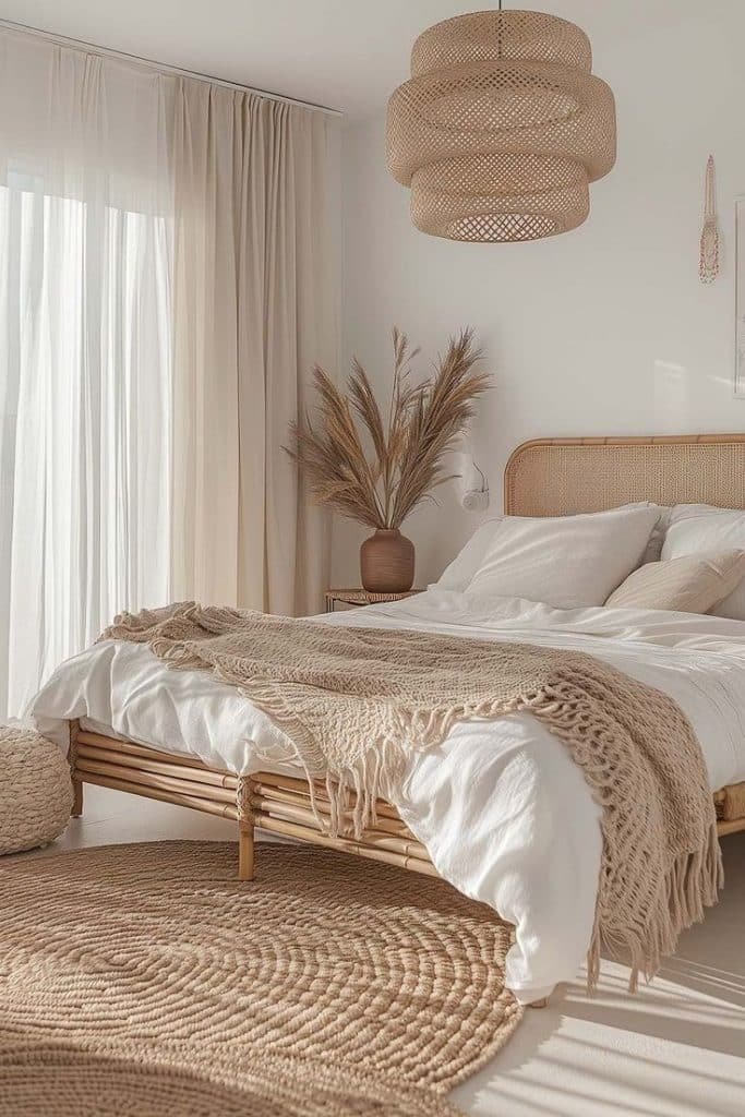 7 Passos para Aplicar o Estilo Japandi em Todos os Cômodos 3 Quarto com elementos em fibras naturais