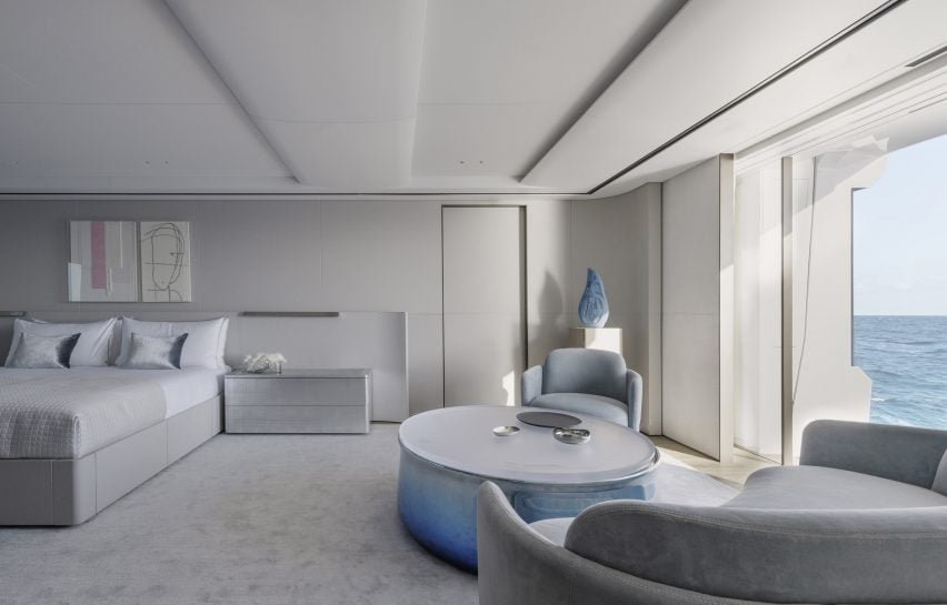 The sundeck of the yacht includes a jacuzzi and bar for lounging and sunbathing.
