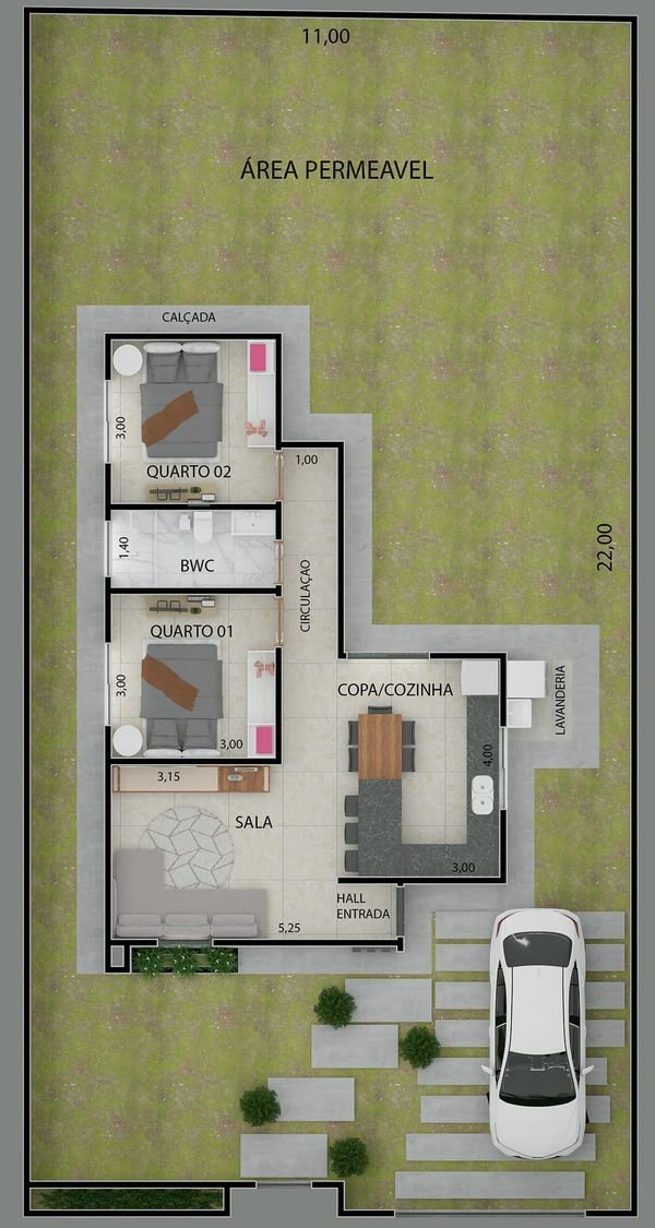 As 5 Melhores Plantas de Casas Pequenas com Quartos e Cozinha Americana 2 5 Plantas de Casas Pequenas com Quartos e Cozinha Americana