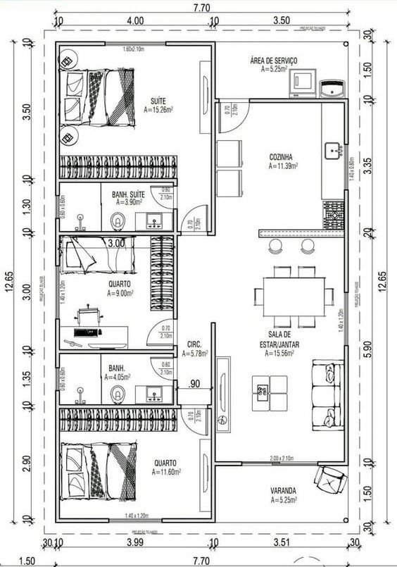 As 5 Melhores Plantas de Casas Pequenas com Quartos e Cozinha Americana 1 5 Plantas de Casas Pequenas com Quartos e Cozinha Americana